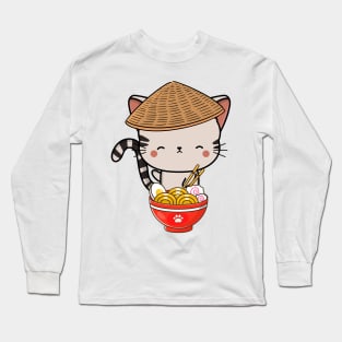 Funny Tabby Cat Eating Ramen Long Sleeve T-Shirt